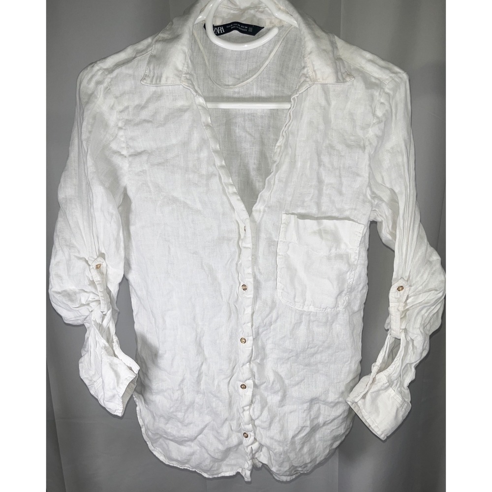 Zara 100% Linen White Button Down Shirt Roll Tab Sleeve Pocket Top XS